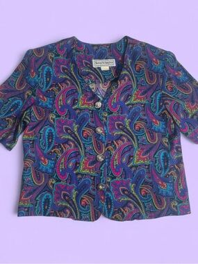 Vintage 90s Paisley Rayon Blouse Purple Blue Button Front Womens 10 USA Made